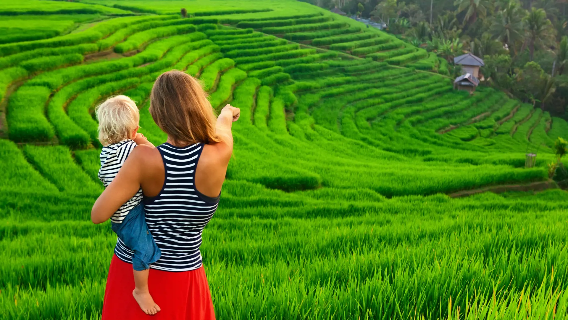 shutterstock_567711667 Beautiful view of Balinese traditional fields. Nature walk in green rice terrace. Happy mother hold happy little baby traveler. Travel adventure with child, family summer vacation in.jpg